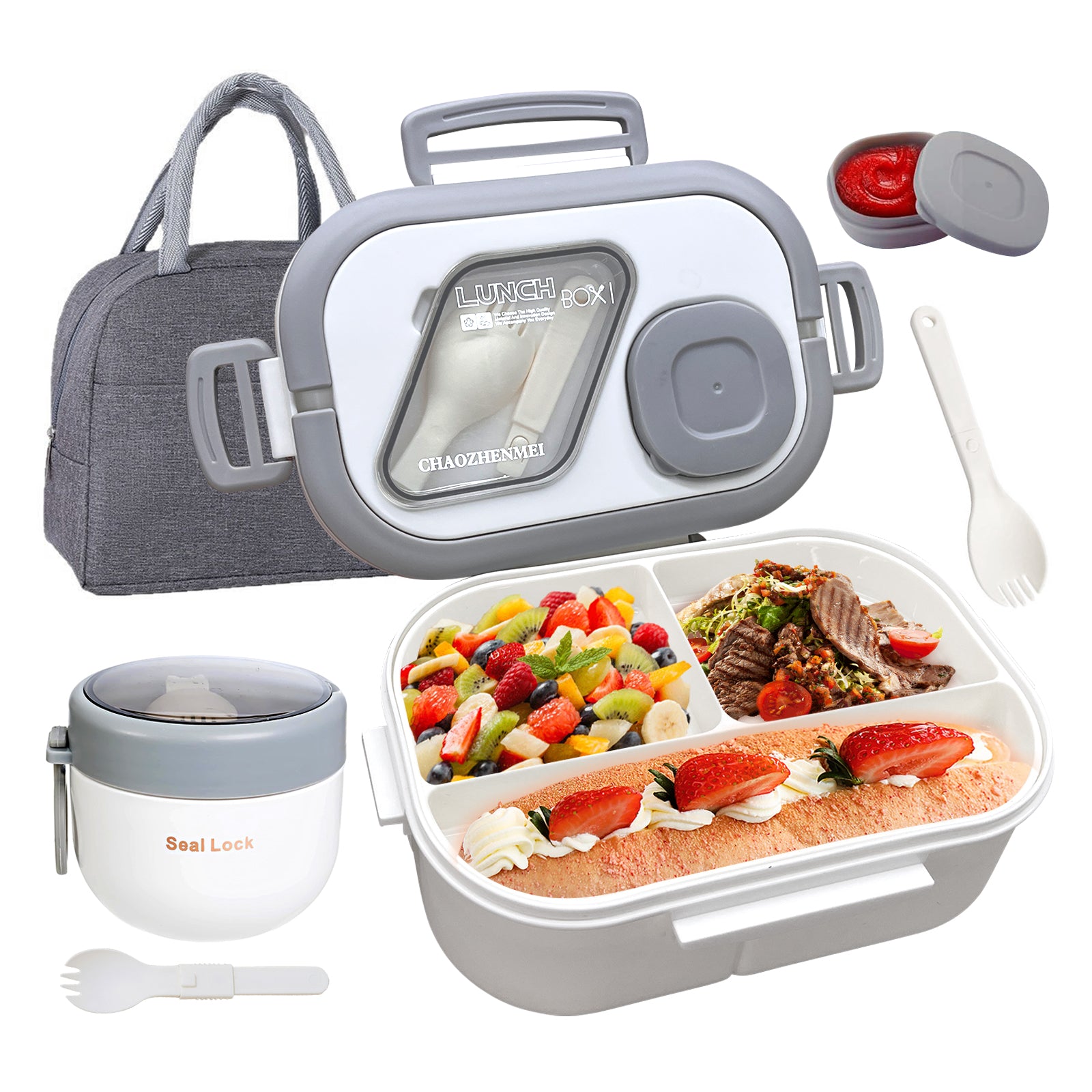 Lunch Box for Adults, 3-Compartment Lunch Box, Set: Lunch Box + Cup + Bag, Food Container