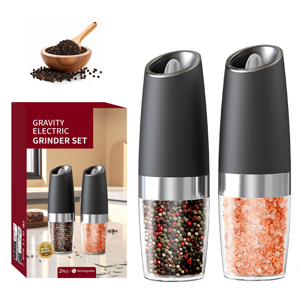 Electric salt and pepper grinder set, adjustable coarseness with LED light, 2-pack
