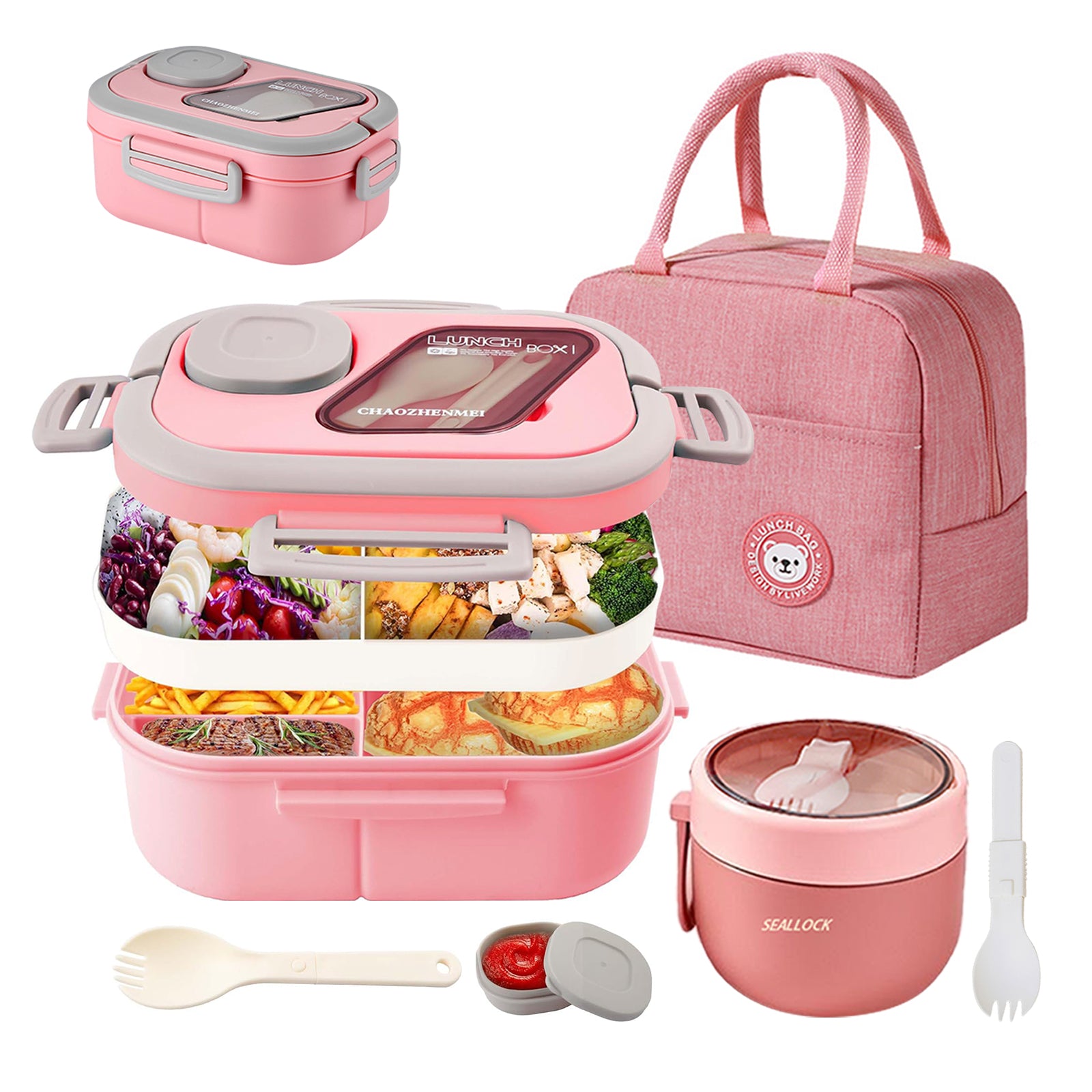 Lunch Box for Adults, 3-Compartment Lunch Box, Set: Lunch Box + Cup + Bag, Food Container