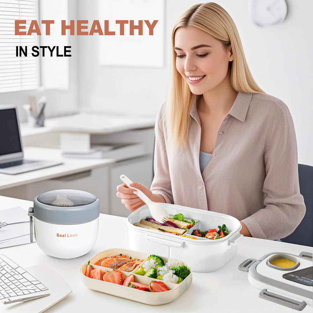 Lunch Box for Adults, 3-Compartment Lunch Box, Set: Lunch Box + Cup + Bag, Food Container