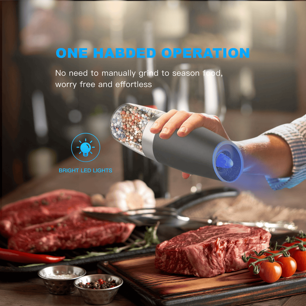 Electric salt and pepper grinder set, adjustable coarseness with LED light, 2-pack