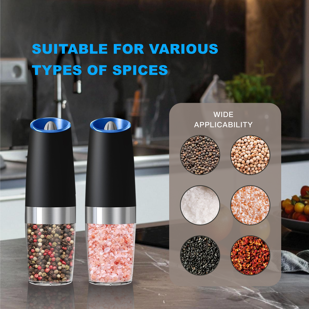 Electric salt and pepper grinder set, adjustable coarseness with LED light, 2-pack