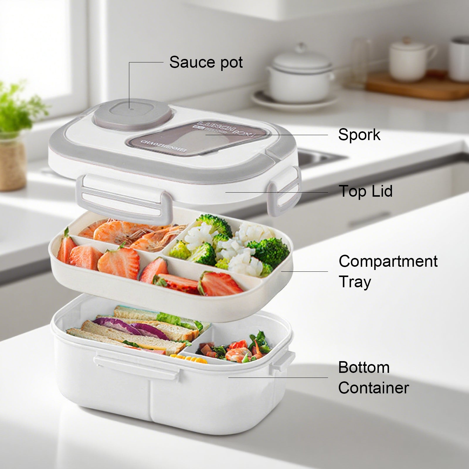Lunch Box for Adults, 3-Compartment Lunch Box, Set: Lunch Box + Cup + Bag, Food Container