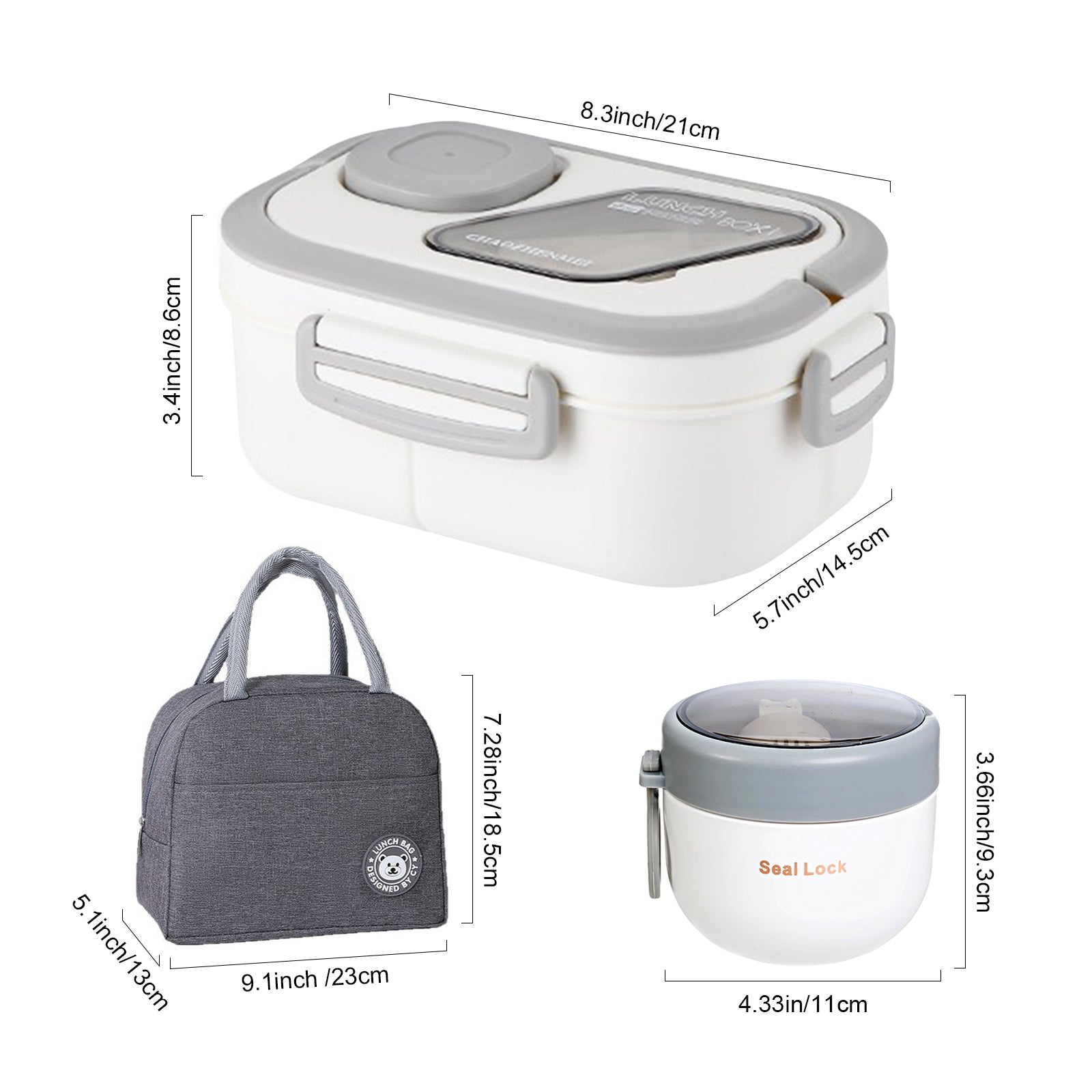Lunch Box for Adults, 3-Compartment Lunch Box, Set: Lunch Box + Cup + Bag, Food Container