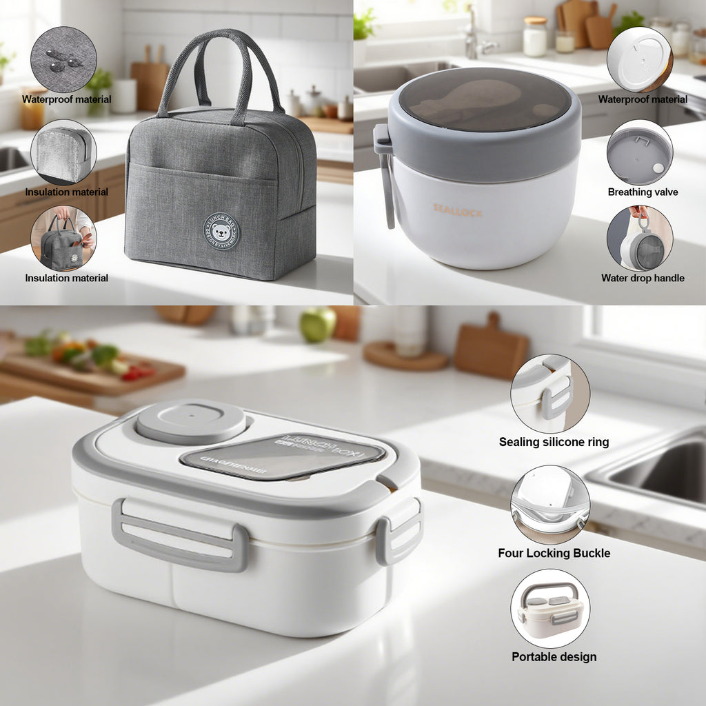 Lunch Box for Adults, 3-Compartment Lunch Box, Set: Lunch Box + Cup + Bag, Food Container