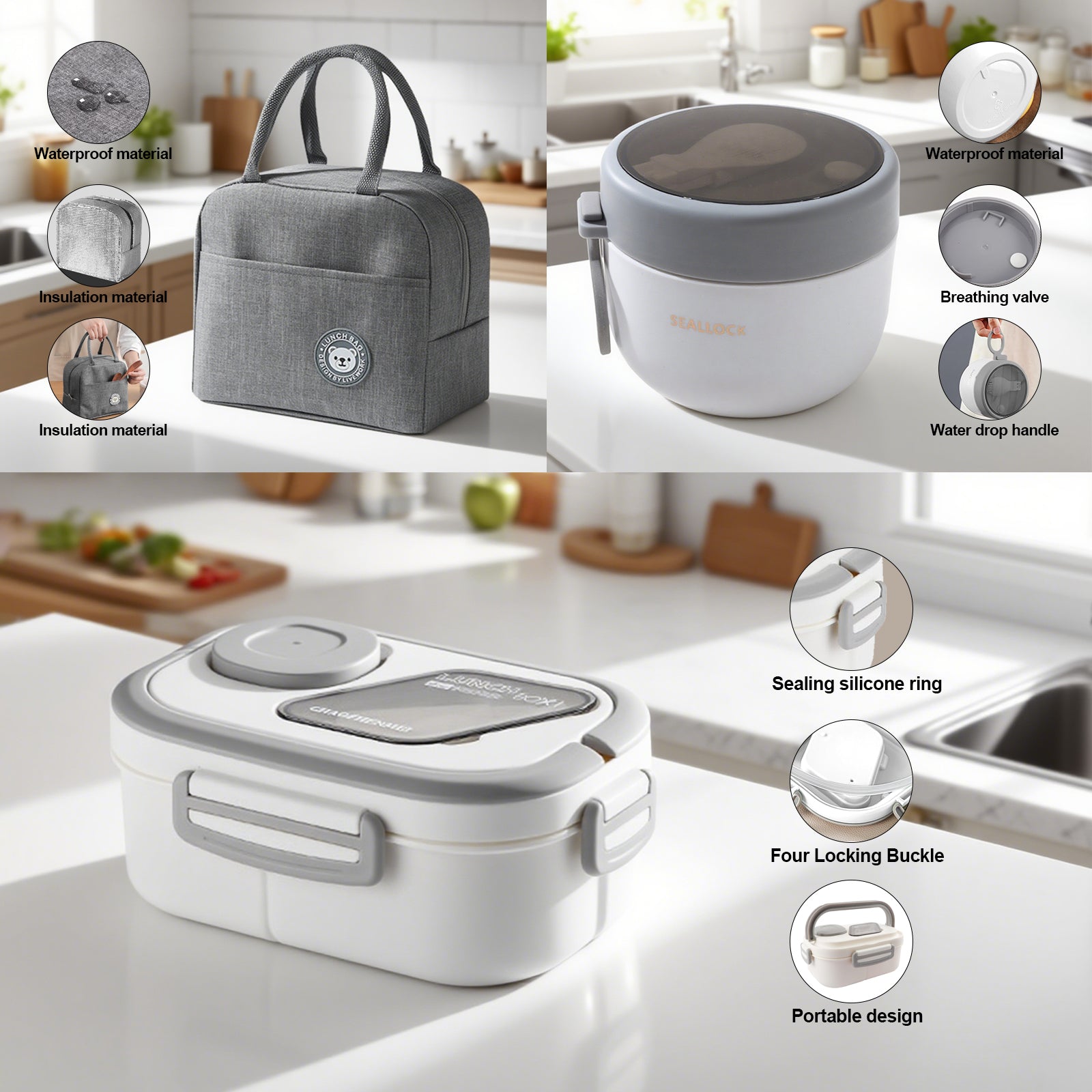 Lunch Box for Adults, 3-Compartment Lunch Box, Set: Lunch Box + Cup + Bag, Food Container